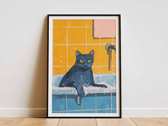 Russian Blue Cat In Bathtub Bathroom Poster Print