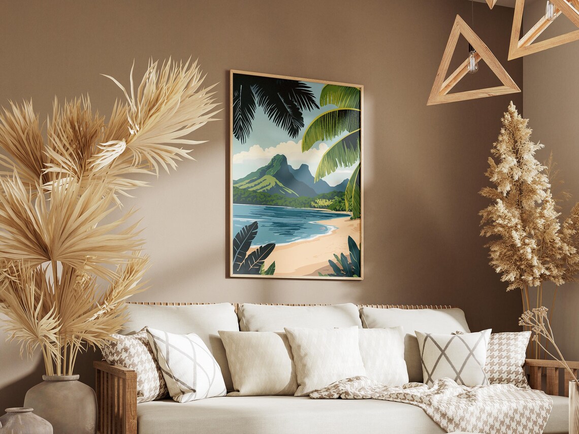 Tropical Bay with Palm Fronds and Volcanic Peaks Travel Poster - Image 3
