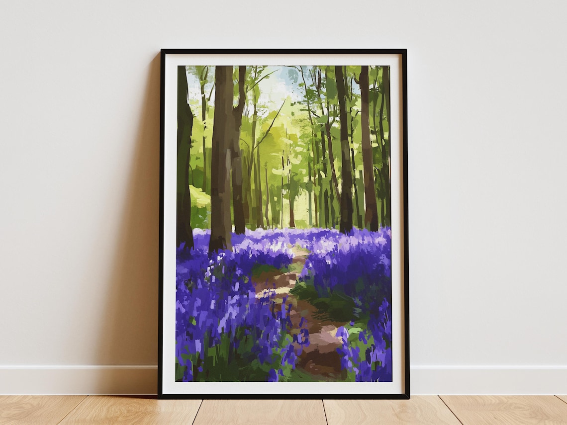 Bluebell Forest Meadow Purple Flowers Woodland Path Nature Art Poster