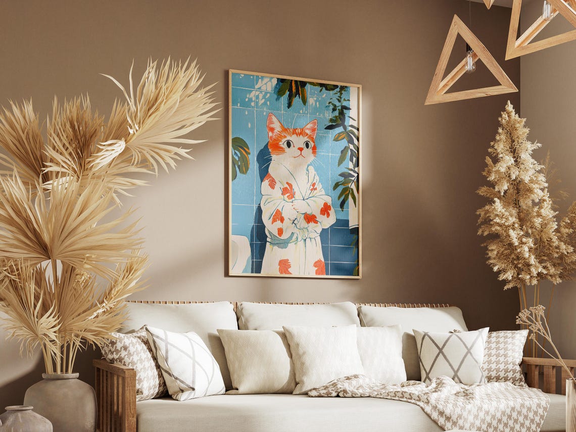 Orange Kitten in White Floral Bathrobe Blue Tile Cute Cat Wall Poster - Image 3