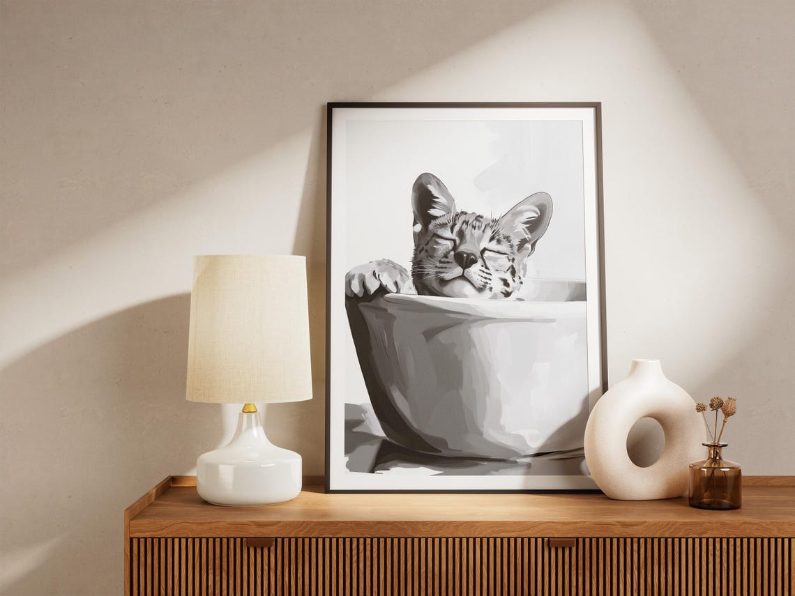 Sleepy Serval Cat Bubble Bath Exotic Minimalist Feline Poster - Image 4