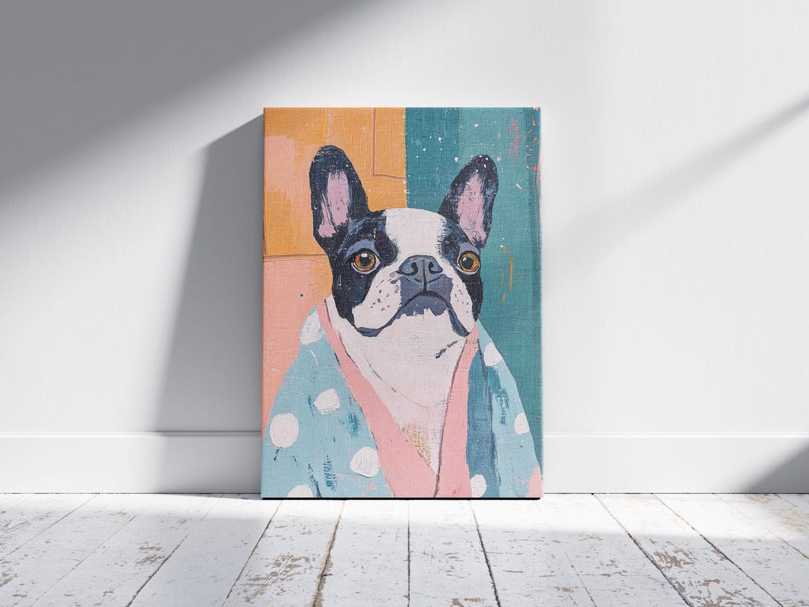 Boston Terrier Puppy Polka Dot Bathrobe Cute Modern Dog Art Poster - Image 2