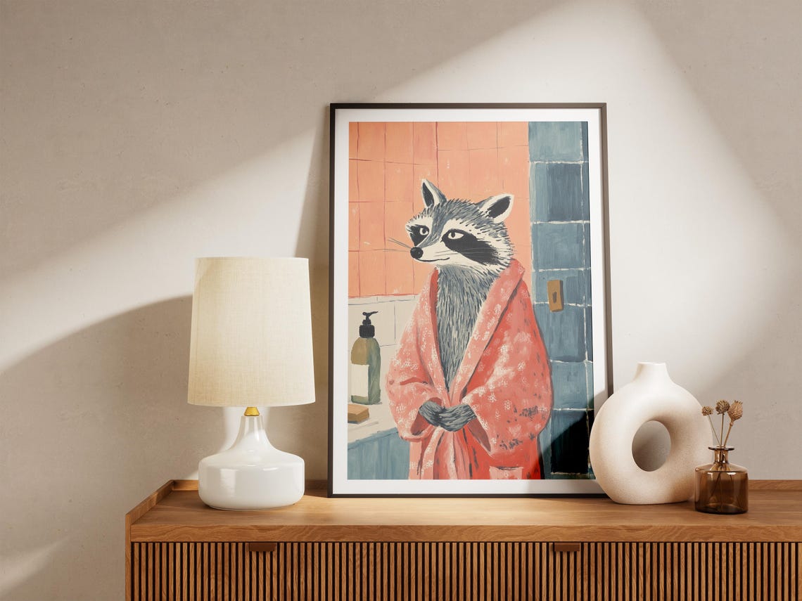 Raccoon in a Pink Bathrobe Cute Bathroom Animal Art Wall Poster - Image 4