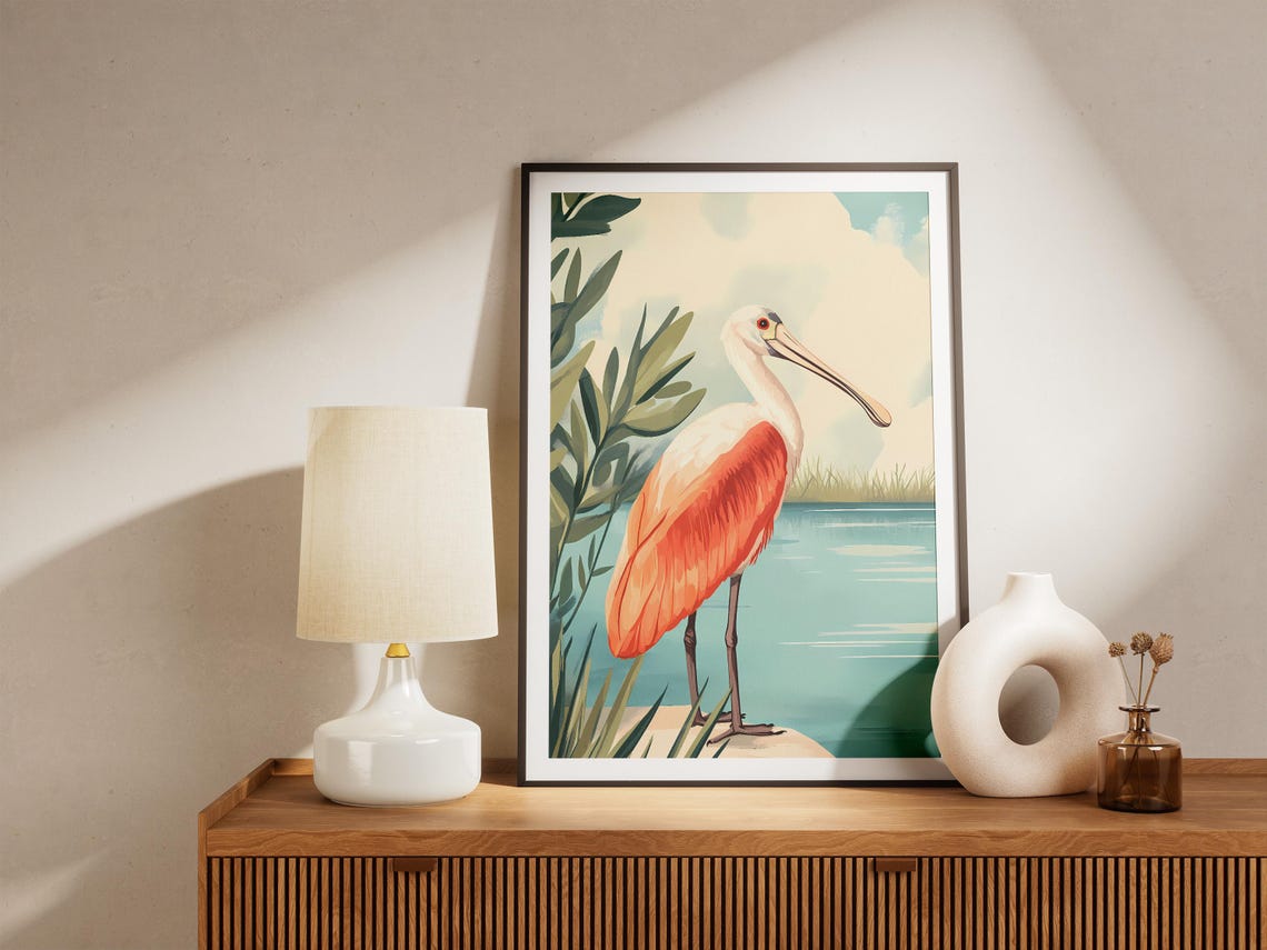 Roseate Spoonbill in a Coastal Marsh Bird Illustration Poster - Image 5