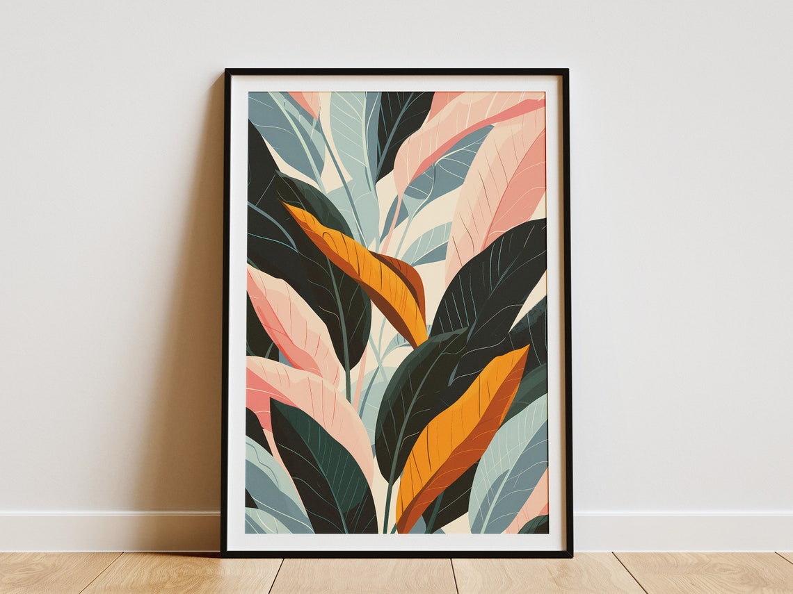 Modern Tropical Leaves Pink Orange Botanical Illustration Poster