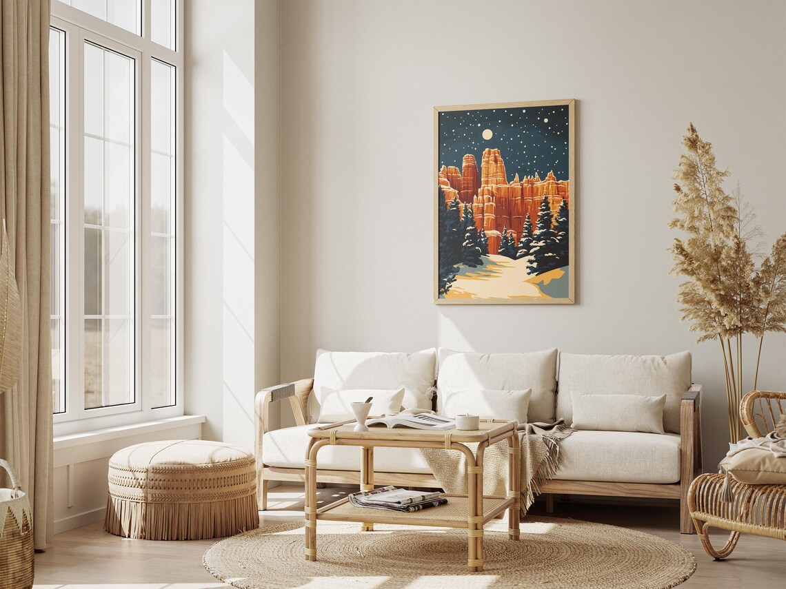 Bryce Canyon Orange Hoodoos Under Moonlit Starry Night Snow Poster - Image 4