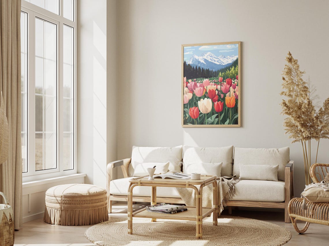 Multicolor Tulip Meadow Snow Capped Peaks Spring Landscape Poster - Image 3