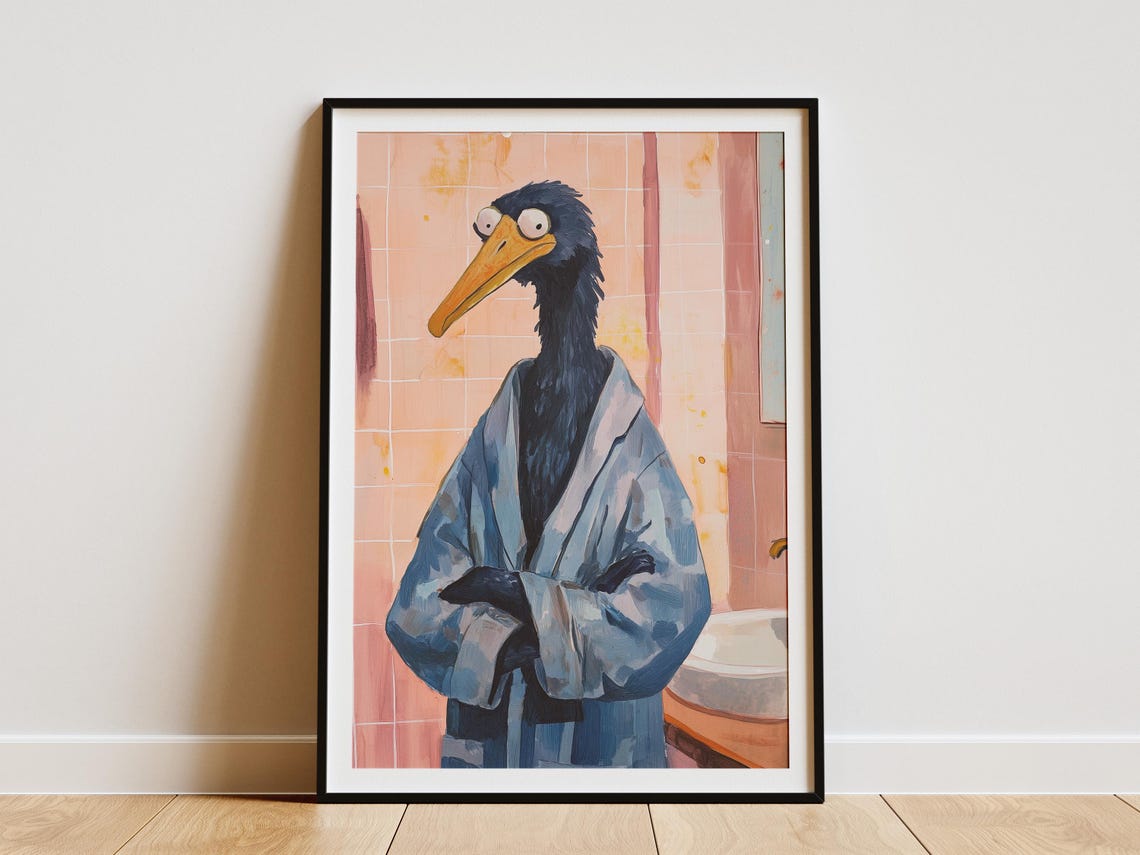 Shoebill Bird Wearing Blue Bathrobe Pink Tile Bathroom Poster
