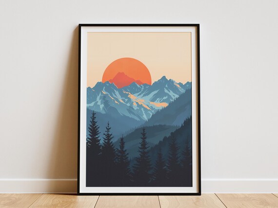 Mountain Sunset Poster Minimalist Art Print Blue Mountains Landscape Nature Art Wall Decor