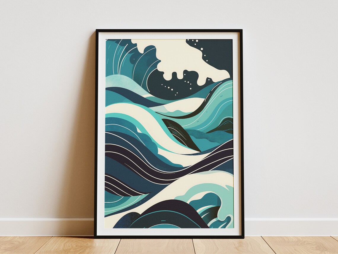 Abstract Teal Ocean Waves Minimalist Coastal Seascape Art Poster