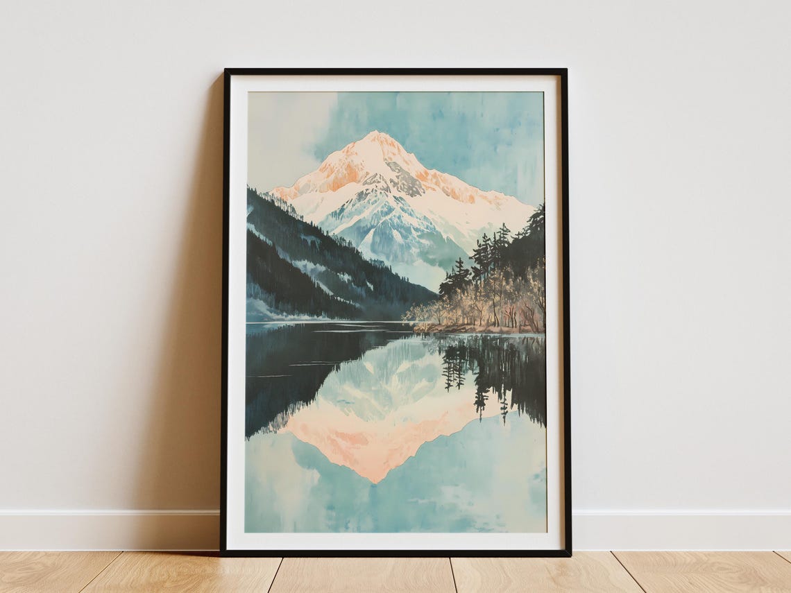 Soft Blush Snow Peak Reflection in Alpine Lake Watercolor Poster
