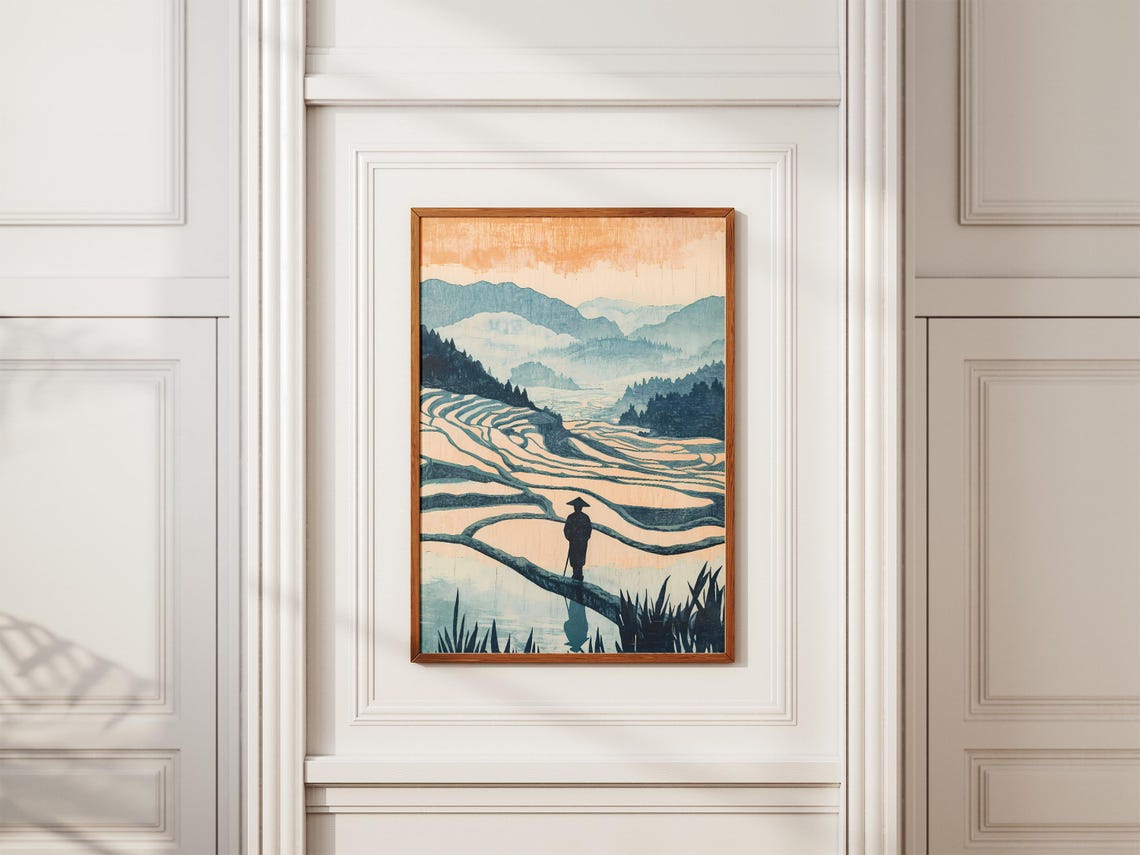 Farmer Silhouette Curved Rice Terraces Dawn Mountains Poster - Image 2
