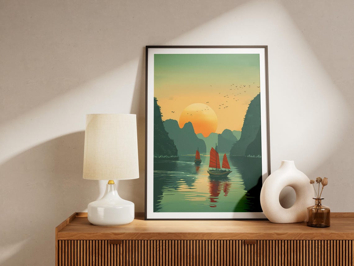 Halong Bay Vietnam Sunset Junk Boats Minimalist Landscape Poster - Image 2