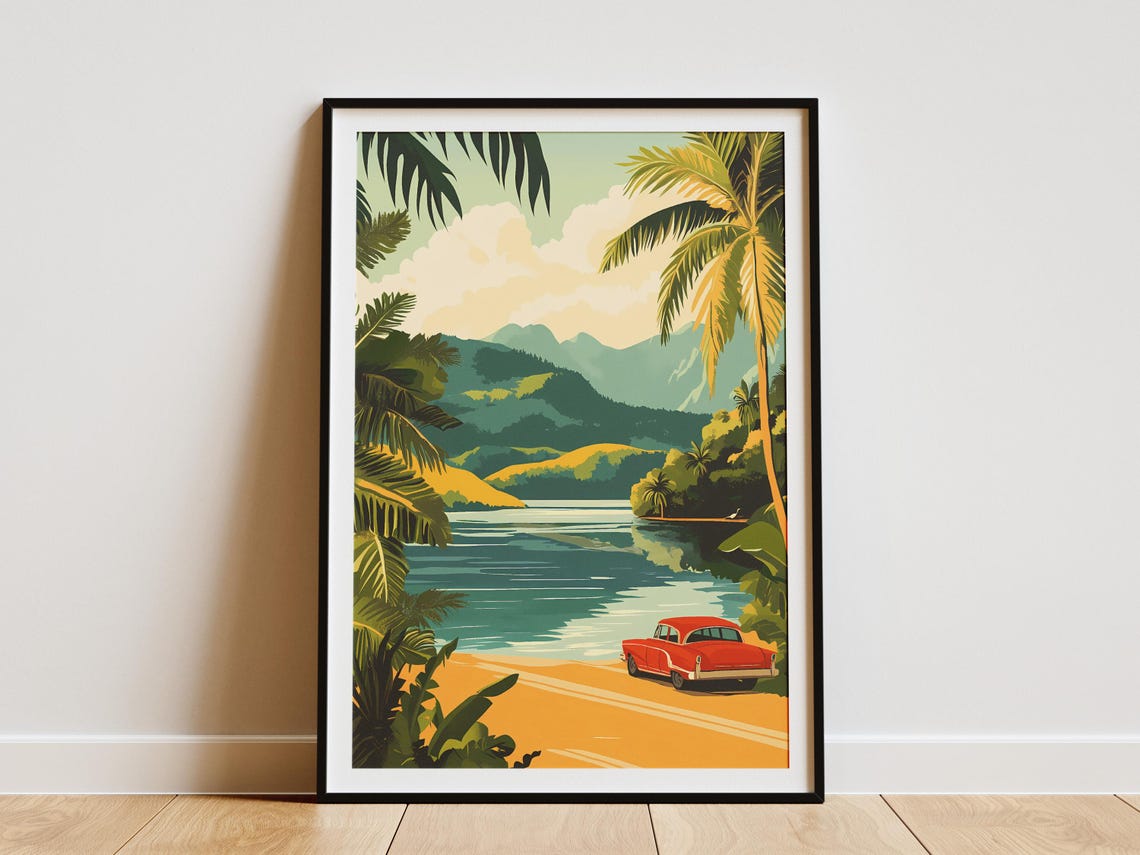 Vintage Tropical Travel Scene with Red Classic Car Beach Poster