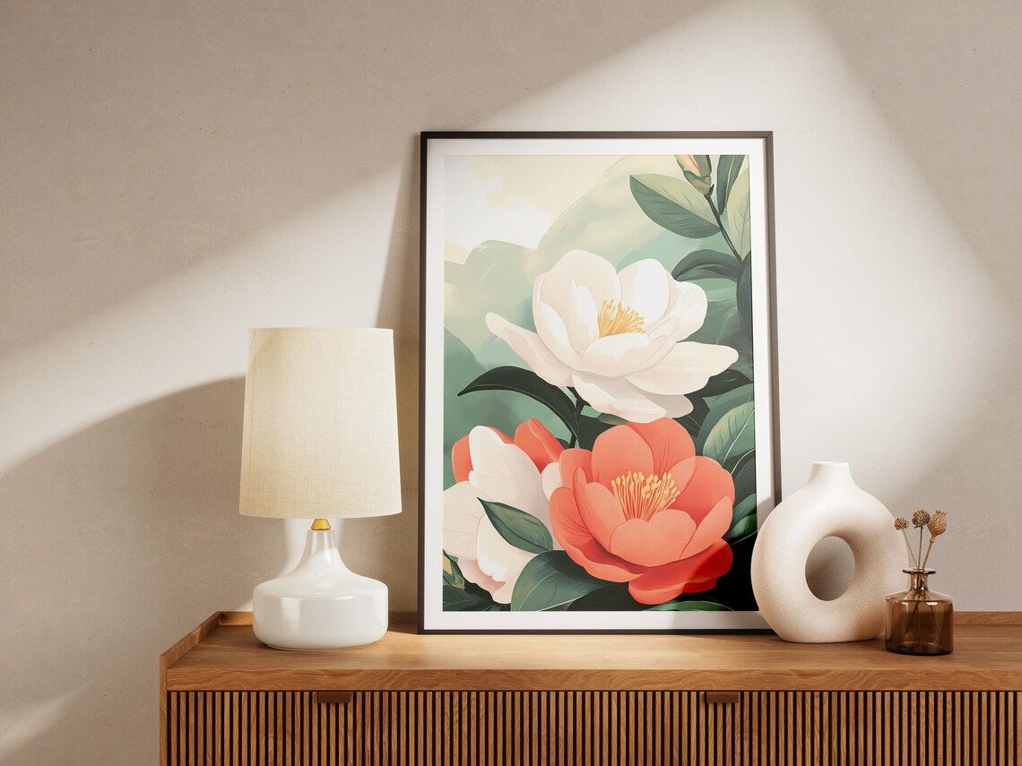 White Coral Blossom Flowers Green Leaves Botanical Art Poster - Image 4