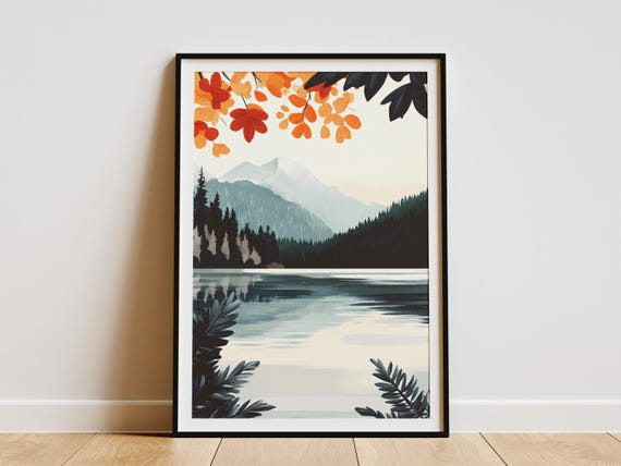 Misty Lake Mountain Poster Tranquil Nature Scene Modern Landscape Art Print Peaceful Lake House Decor Calm Water Scene Nature Photography