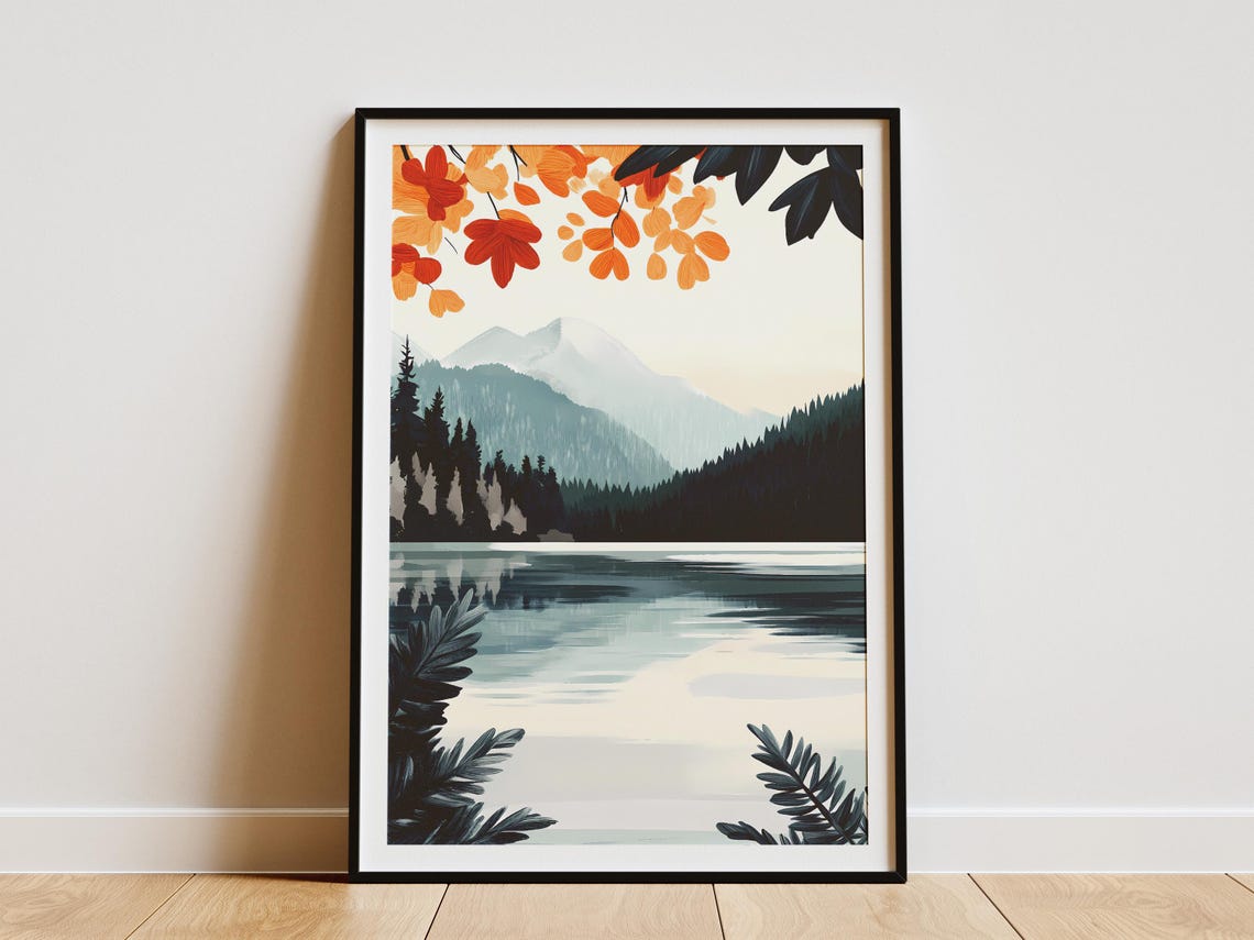 Misty Mountain Lake With Falling Autumn Leaves Landscape Art Poster
