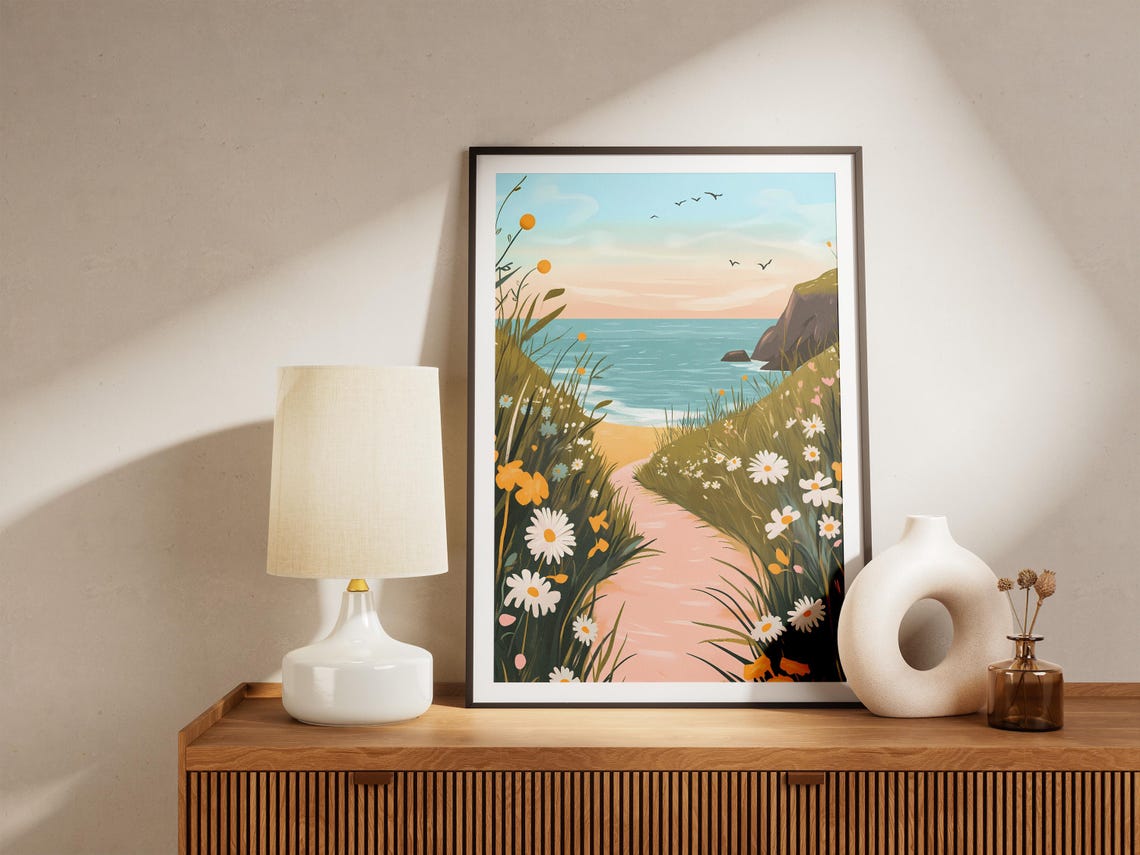 Wildflower Path With Daisies Leading Down to a Turquoise Beach Poster - Image 5