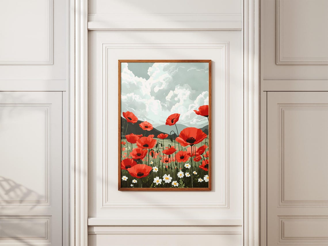 Red Poppies Stormy Sky Dramatic Meadow Wildflower Cloud Poster - Image 2