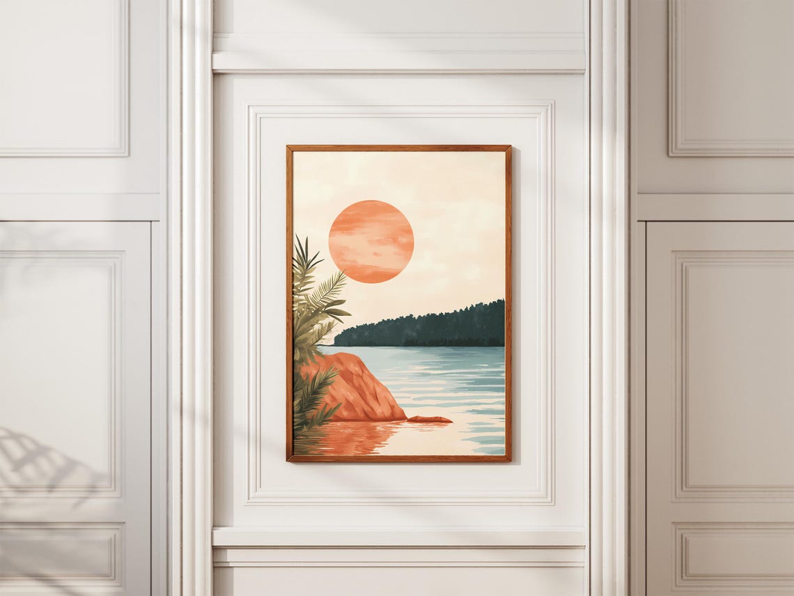 Orange Sun Over Calm Lake Palm Branch Red Rock Minimalist Poster - Image 2