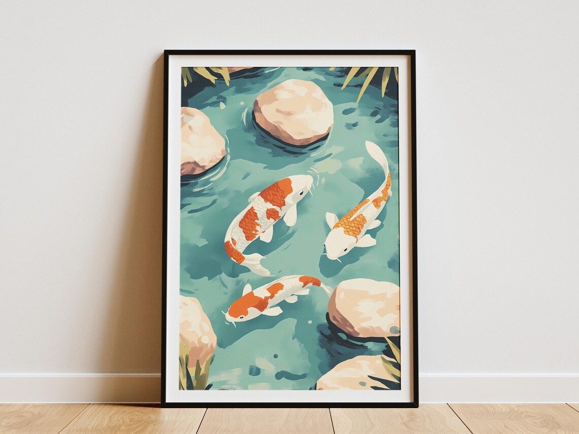 Koi Fish Pond Turquoise Water Top Down Japanese Style Art Poster