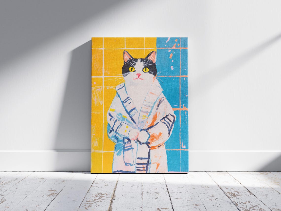 Black And White Cat White Bathrobe Colorful Bathroom Modern Pet Poster - Image 2