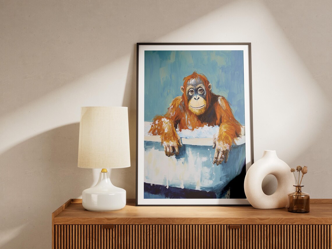Cheerful Orangutan Soaking In Blue Bubble Bath Fun Animal Poster - Image 5