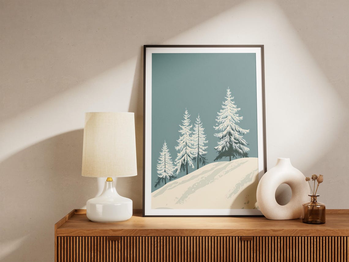 Minimalist Snowy White Pine Trees on Teal Winter Landscape Poster - Image 5