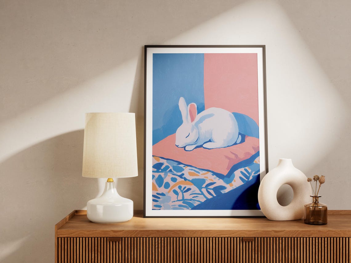 Charming Matisse Style Sleeping Rabbit Gouache Painting Art Print Whimsical Animal Wall Decor Peaceful Nursery Bedroom Poster - Image 4