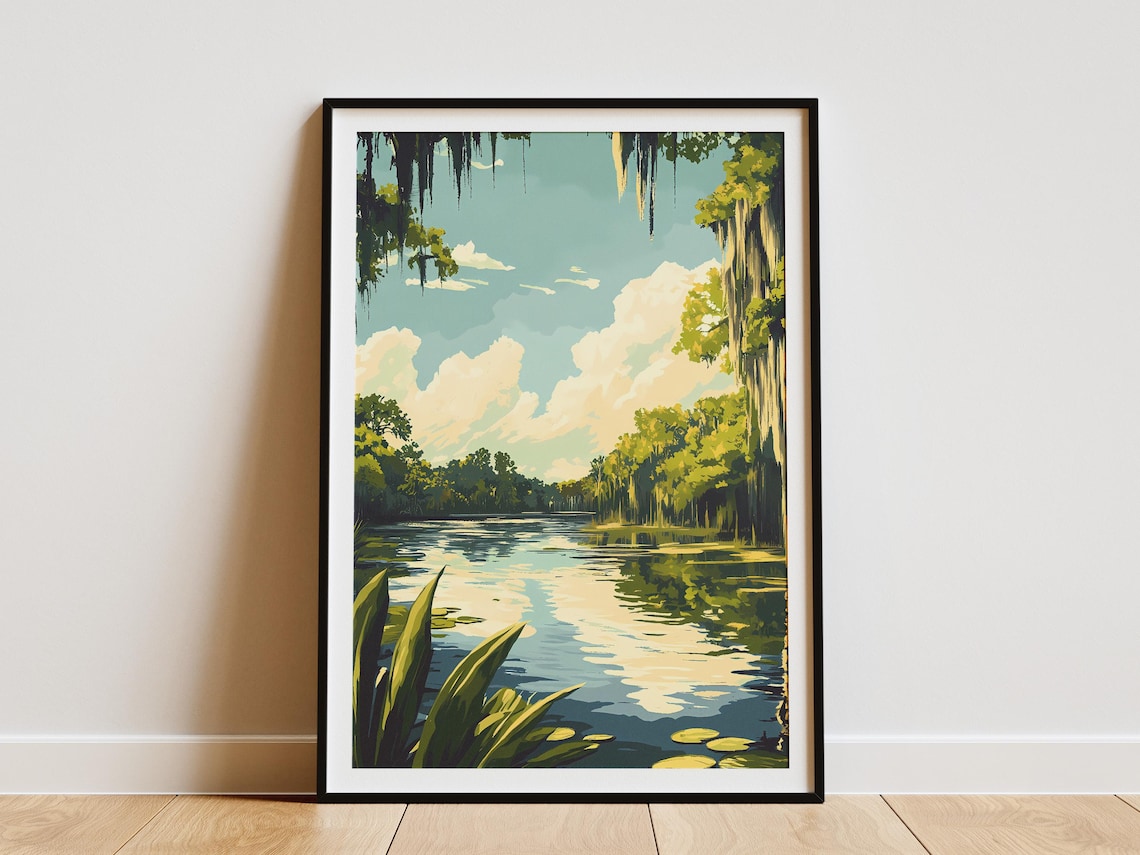 Louisiana Bayou Swamp With Spanish Moss Vintage Travel Poster