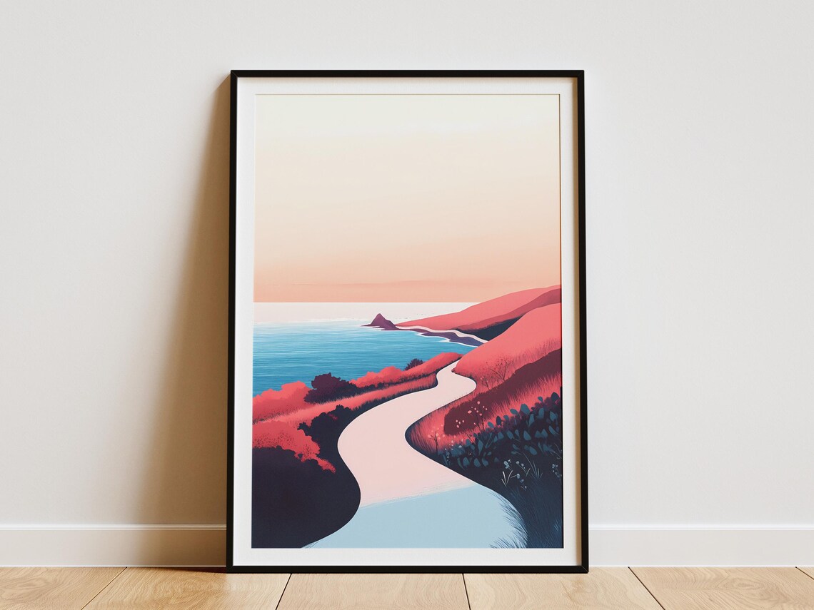Winding Coastal Road Through Pink Sunset Hills to the Sea Poster
