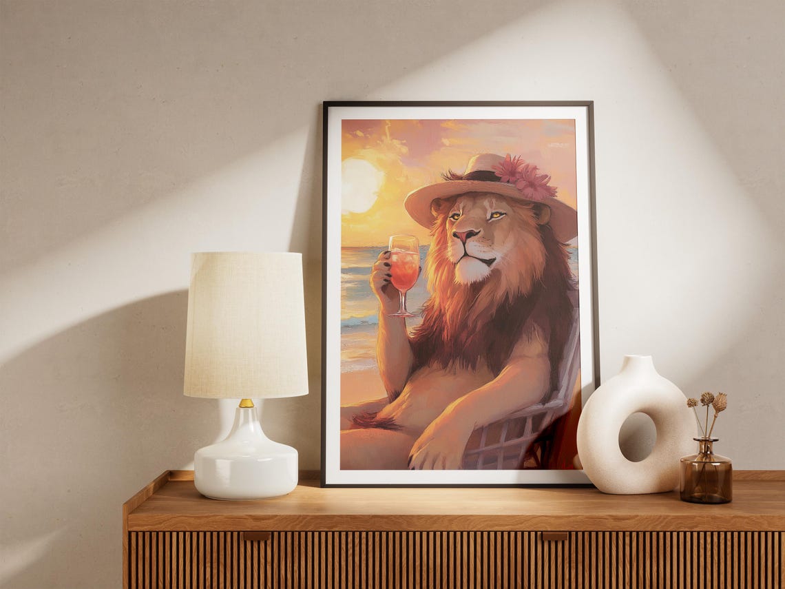 Lion In Flower Straw Hat Sipping Cocktail At Sunset Beach Poster - Image 5
