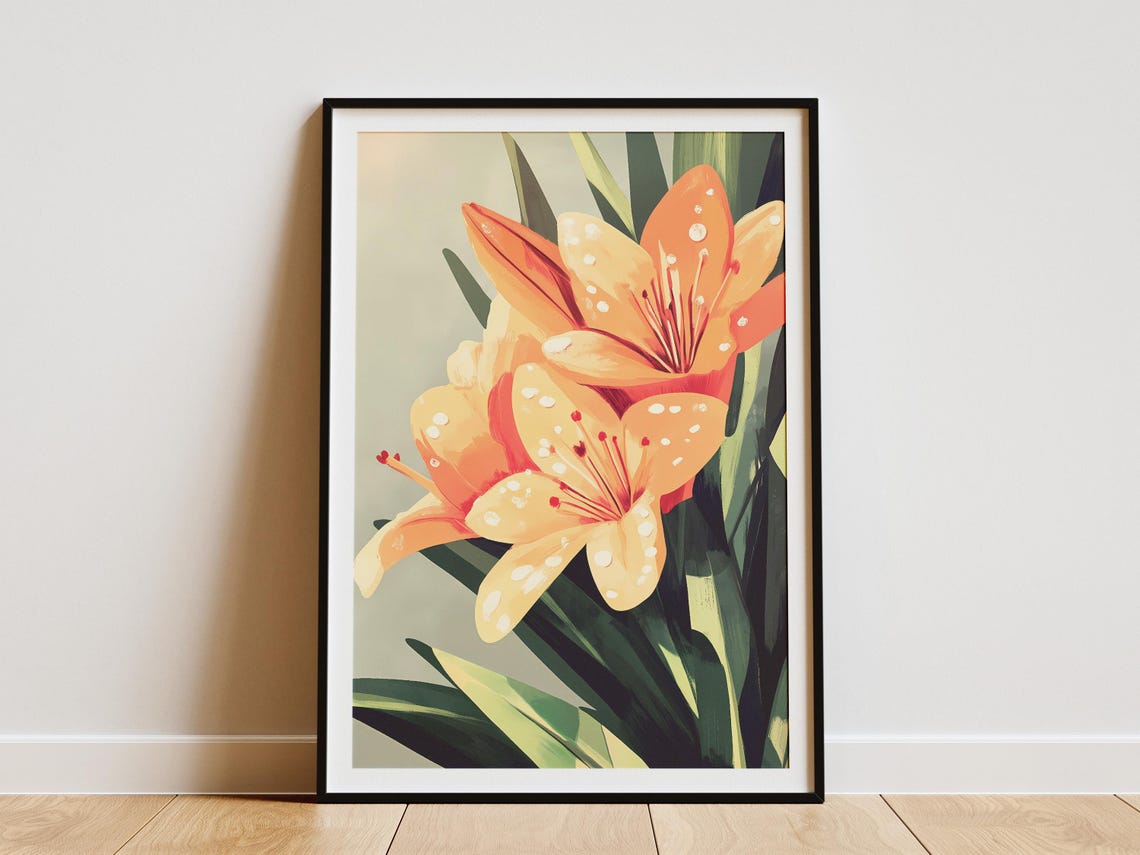 Dew Covered Orange Lily Blossoms Botanical Floral Art Poster