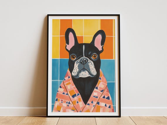 French Bulldog In Bathrobe Poster Bathroom Wall Art Print Funny Dog Modern Home Decor Canine Paper