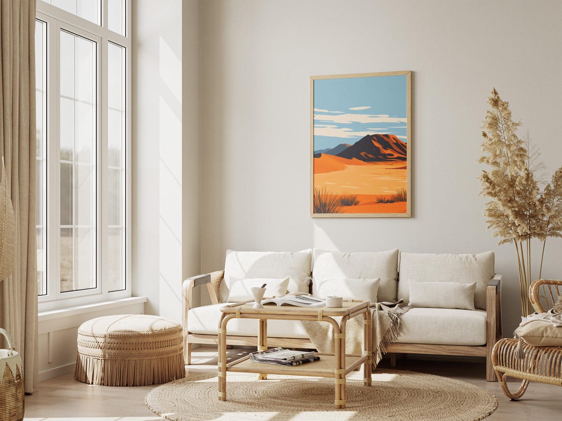 Namib Desert Sweeping Orange Dunes with Red Mountain Art Poster - Image 4