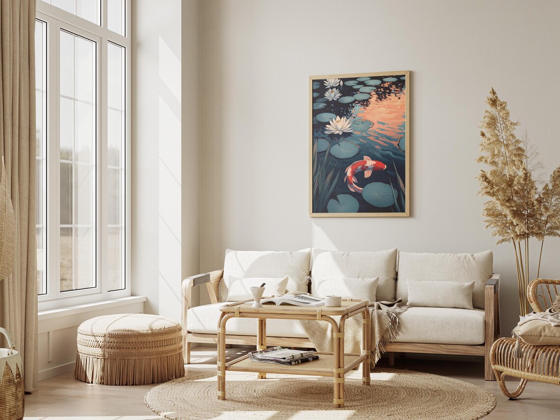 Red Koi Fish and Lotus Flowers Pond Japanese Sunset Art Poster - Image 4