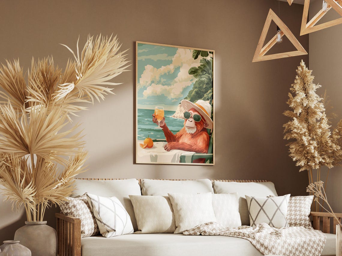 Orangutan In Sunglasses And Sun Hat Toasting Cocktail Sea Poster - Image 3