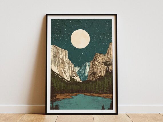 Yosemite National Park Moonlit Valley Lake Pine Forest Night Art Poster