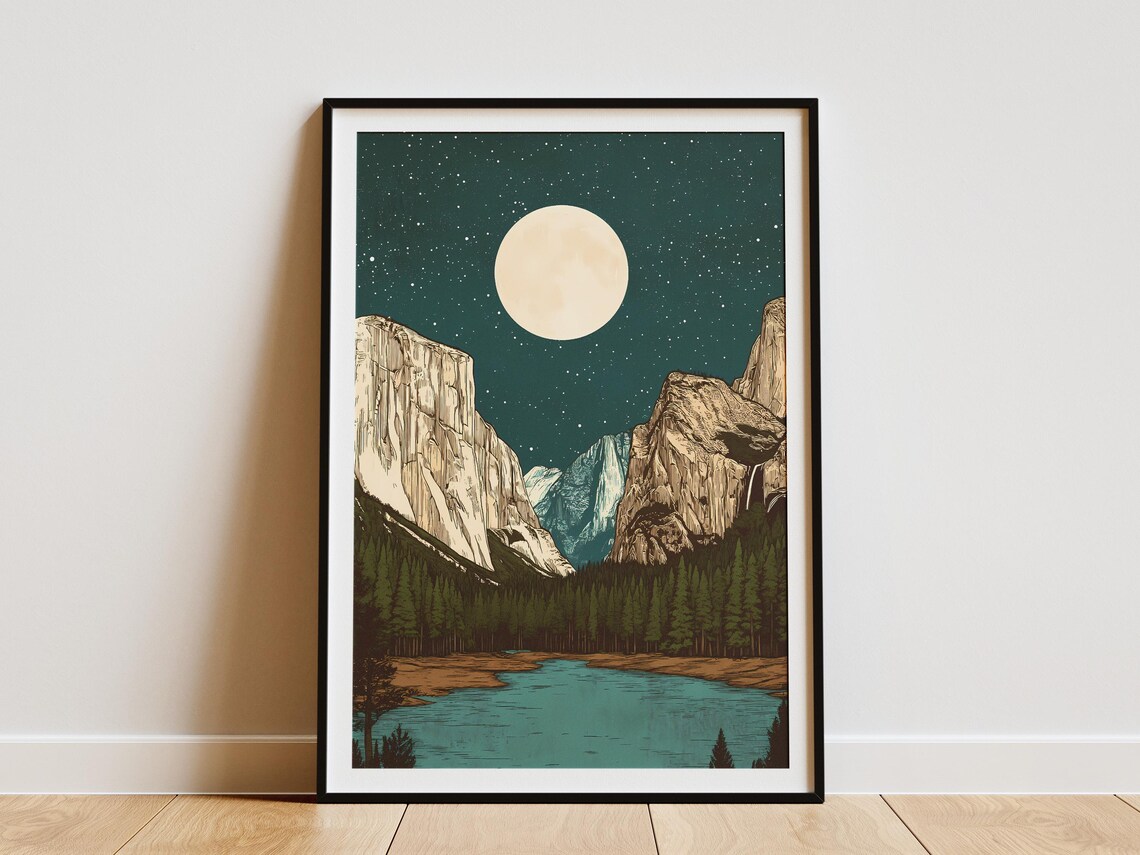Yosemite National Park Moonlit Valley Lake Pine Forest Night Art Poster