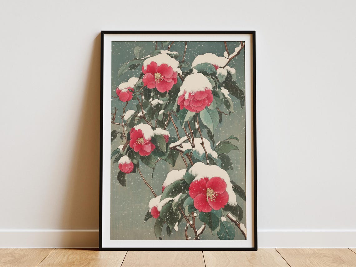 Japanese Camellias In Snow Poster Winter Floral Print Asian Art Botanical Wall Decor Japanese Woodblock Print Winter Decor Floral Art Print