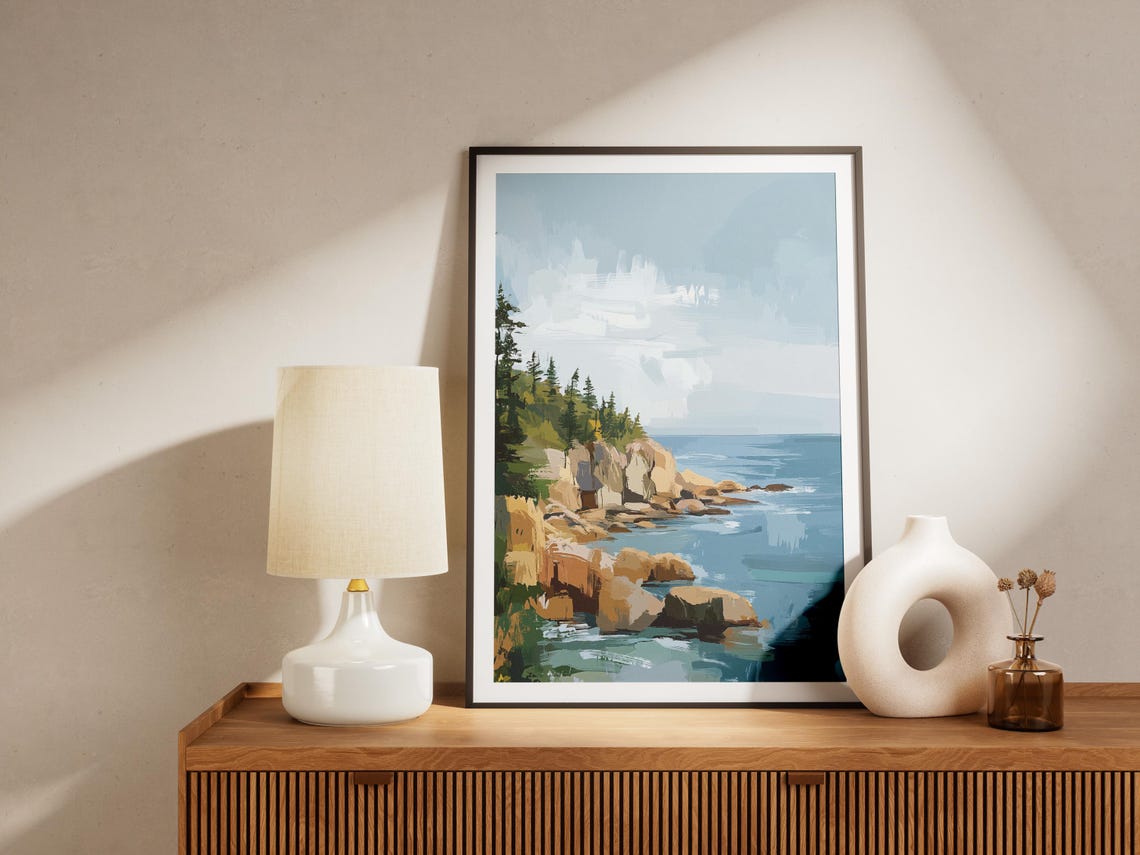 Rocky Coastal Cliffs Pines and Ocean Waves Coastal Art Poster - Image 4