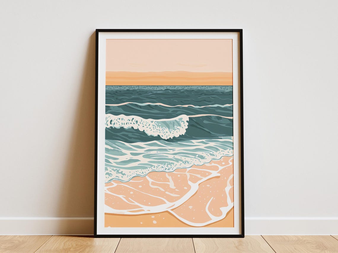Sunset Ocean Waves Breaking on Shore Beach Summer Coastal Wall Art