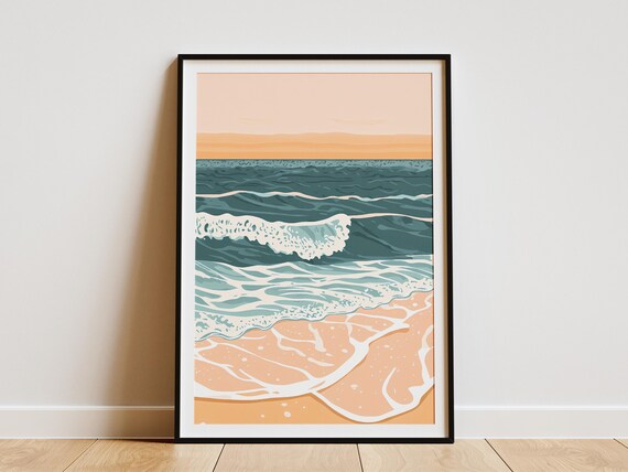 Sunset Ocean Waves Breaking on Shore Beach Summer Coastal Wall Art