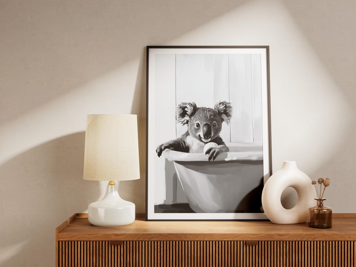Koala In A Bathtub Black And White Minimalist Bathroom Poster - Image 4