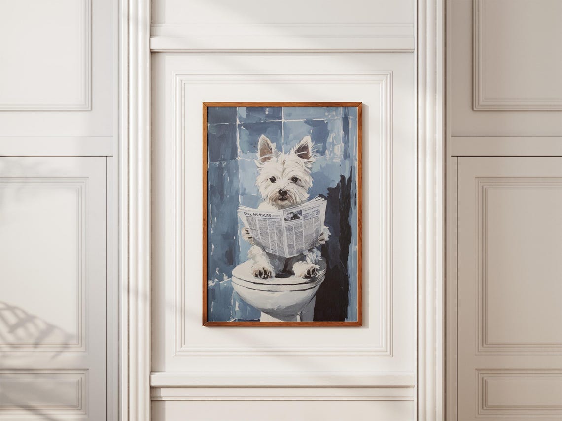 West Highland Terrier Toilet Paper Newspaper Dog Print Funny Pet Wall Art Bathroom Decor Whimsical Dog Painting Modern Dog Poster Cute Puppy - Image 2