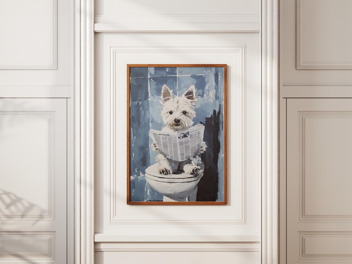 Westie Reading Newspaper on Toilet Deep Blue Tile Humor Poster - Image 2