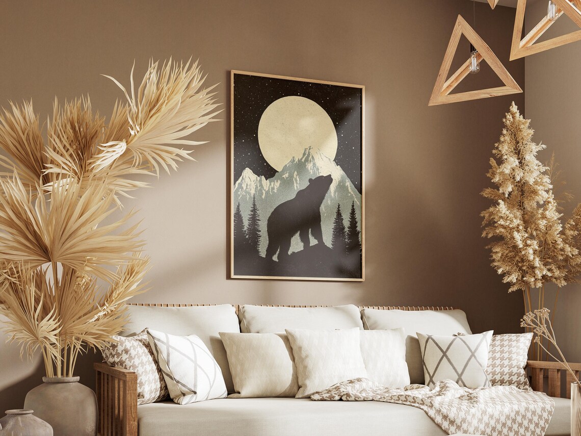 Bear Silhouette Moonlit Mountain Night Sky Vintage Art Poster - Image 3