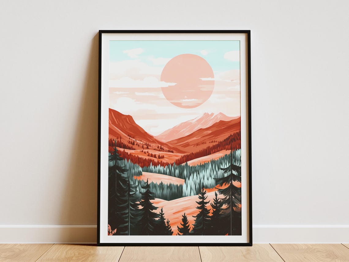 Peach Sunset Over Terracotta Mountain Valley Pine Forest Poster