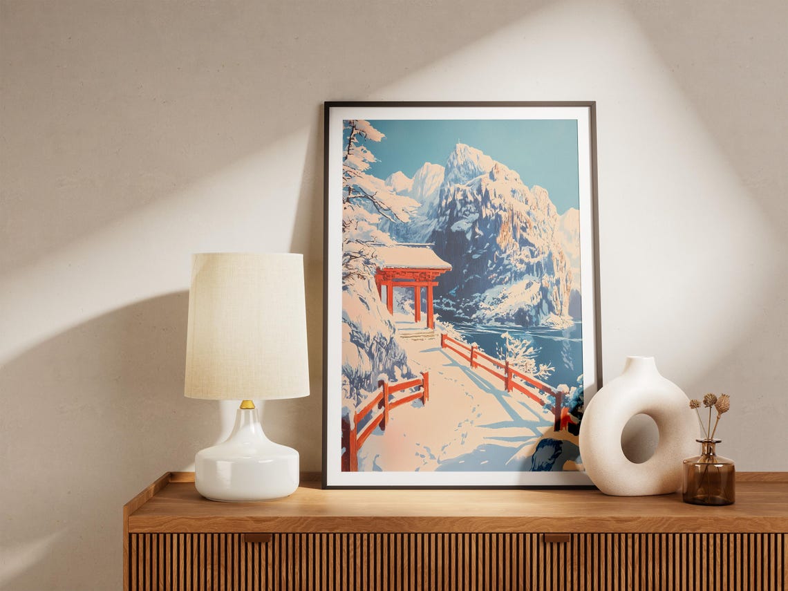 Snowy Mountain Red Torii Gate Japanese Winter Travel Art Poster - Image 5