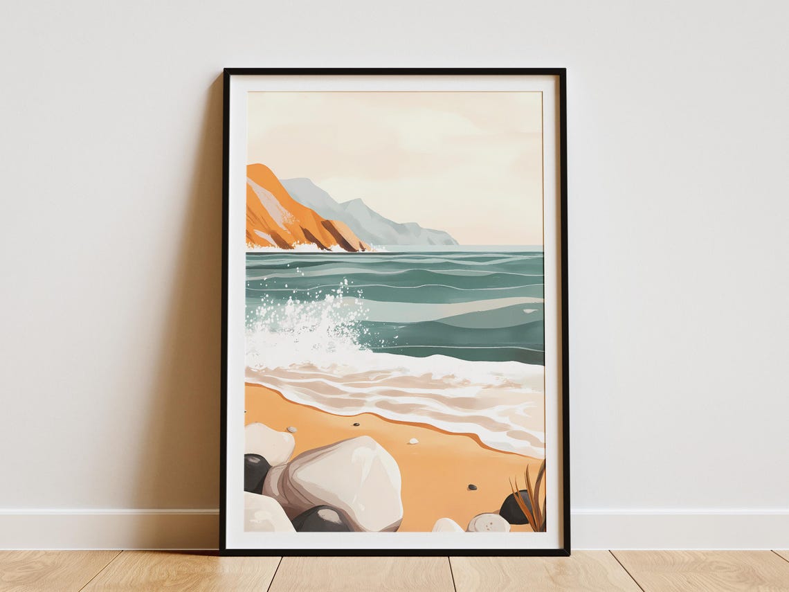Rocky Beach Foamy Waves Orange Cliff Minimalist Coastal Art Poster